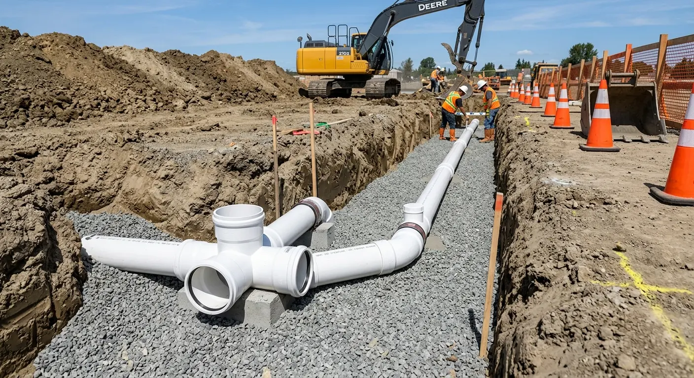 New PVC sewer pipe installation in open trench for Sewer Backup in Greenfield