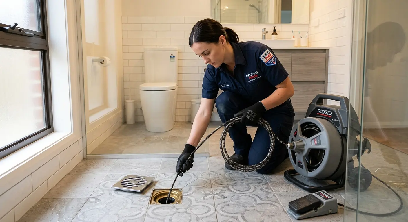 Technician clearing a bathroom floor drain for Sewer Line Replacement in Greenfield